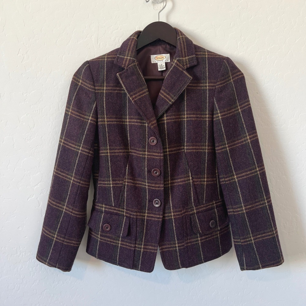 Talbots Plaid Wool Blazer Womens 2P Purple Three Button Flap Pockets Petite